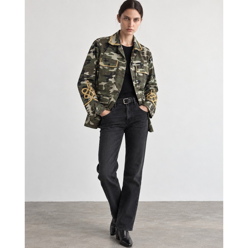 Nili Lotan Wren Green Camouflage Cord Embroidered Utility Jacket Size XS/S